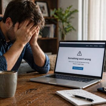 Frustrated business owner holding their head while a laptop shows a website error after an update, illustrating a site that feels “broken” post-update.