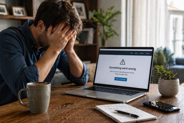 Frustrated business owner holding their head while a laptop shows a website error after an update, illustrating a site that feels “broken” post-update.