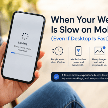 Person holding a smartphone with a slow-loading webpage, illustrating a website slow on mobile and the impact mobile page speed issues have on user experience.