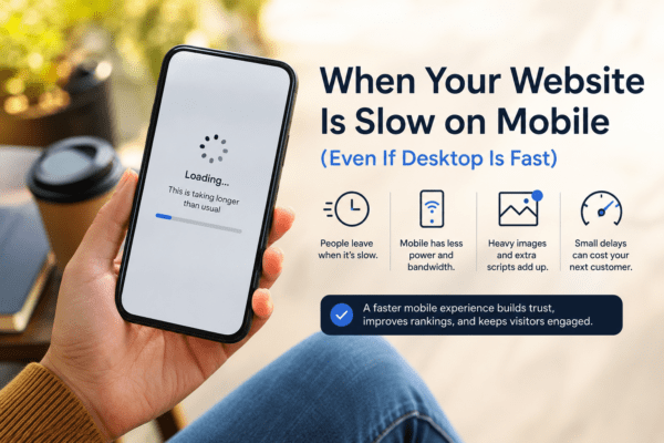 Person holding a smartphone with a slow-loading webpage, illustrating a website slow on mobile and the impact mobile page speed issues have on user experience.