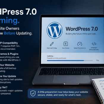 Laptop displaying a WordPress 7 update screen beside an update checklist, illustrating WordPress 7 update preparation, PHP compatibility checks, and website maintenance planning before updating.