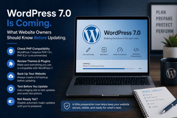 Laptop displaying a WordPress 7 update screen beside an update checklist, illustrating WordPress 7 update preparation, PHP compatibility checks, and website maintenance planning before updating.