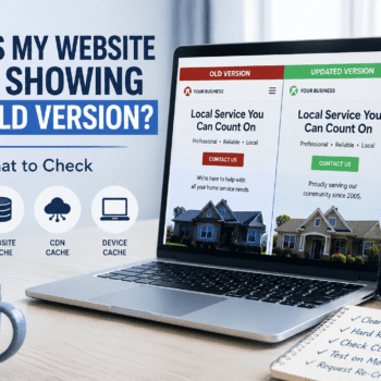 File name: website-still-showing-old-version-cache-issue.png Alt text: Laptop and phone showing old and updated versions of a website, illustrating a website still showing old version because of browser, website, CDN, or device cache.