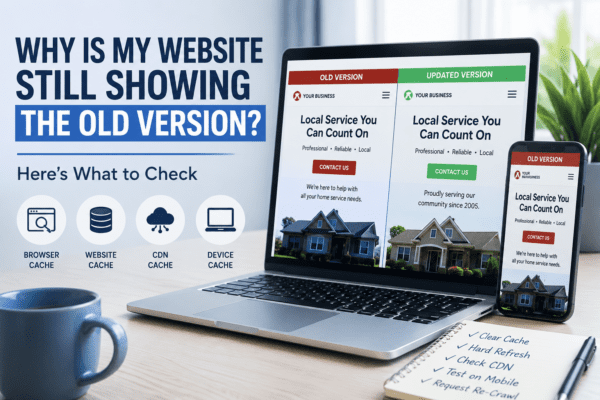 File name: website-still-showing-old-version-cache-issue.png Alt text: Laptop and phone showing old and updated versions of a website, illustrating a website still showing old version because of browser, website, CDN, or device cache.