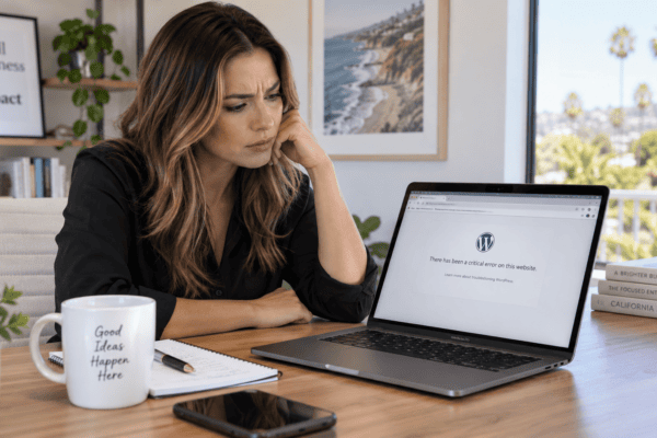 Small business owner looking concerned at a laptop displaying a WordPress critical error message.